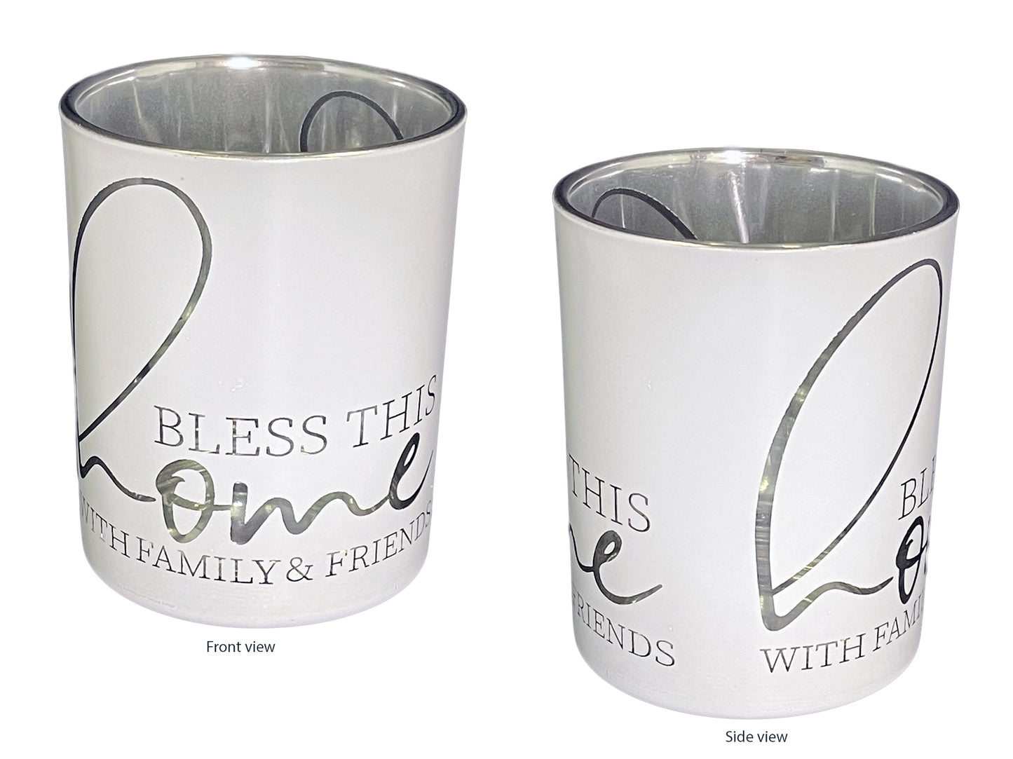 Candle holder (Glass) with tea light candle - "Bless This Home" (100x75mm)