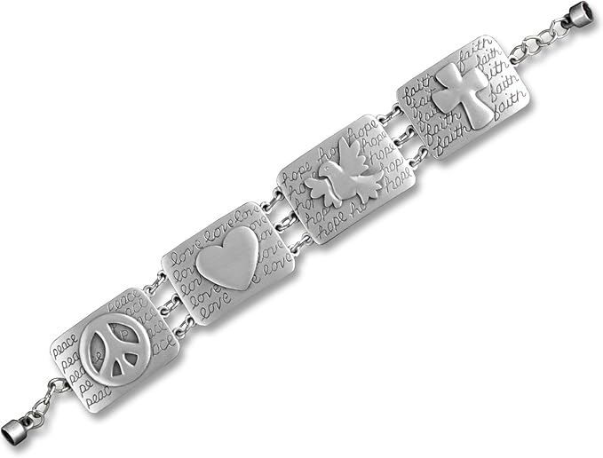 Linked Bracelet - (Metal) - Magnetic Clasp - "Love, Faith, Hope, Peace" (Rectangles)