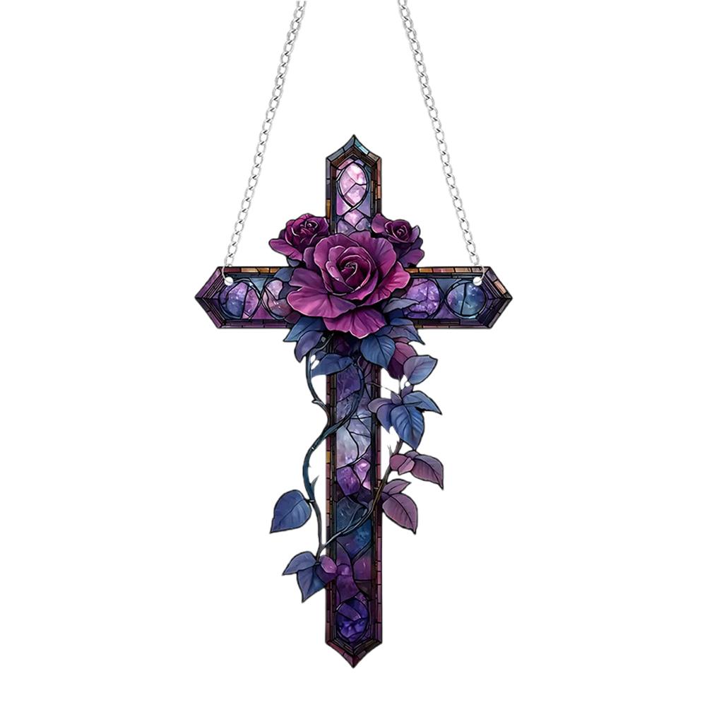 Purple Rose Cross Suncatcher - Hanging Decor, Flat Stained Acrylic