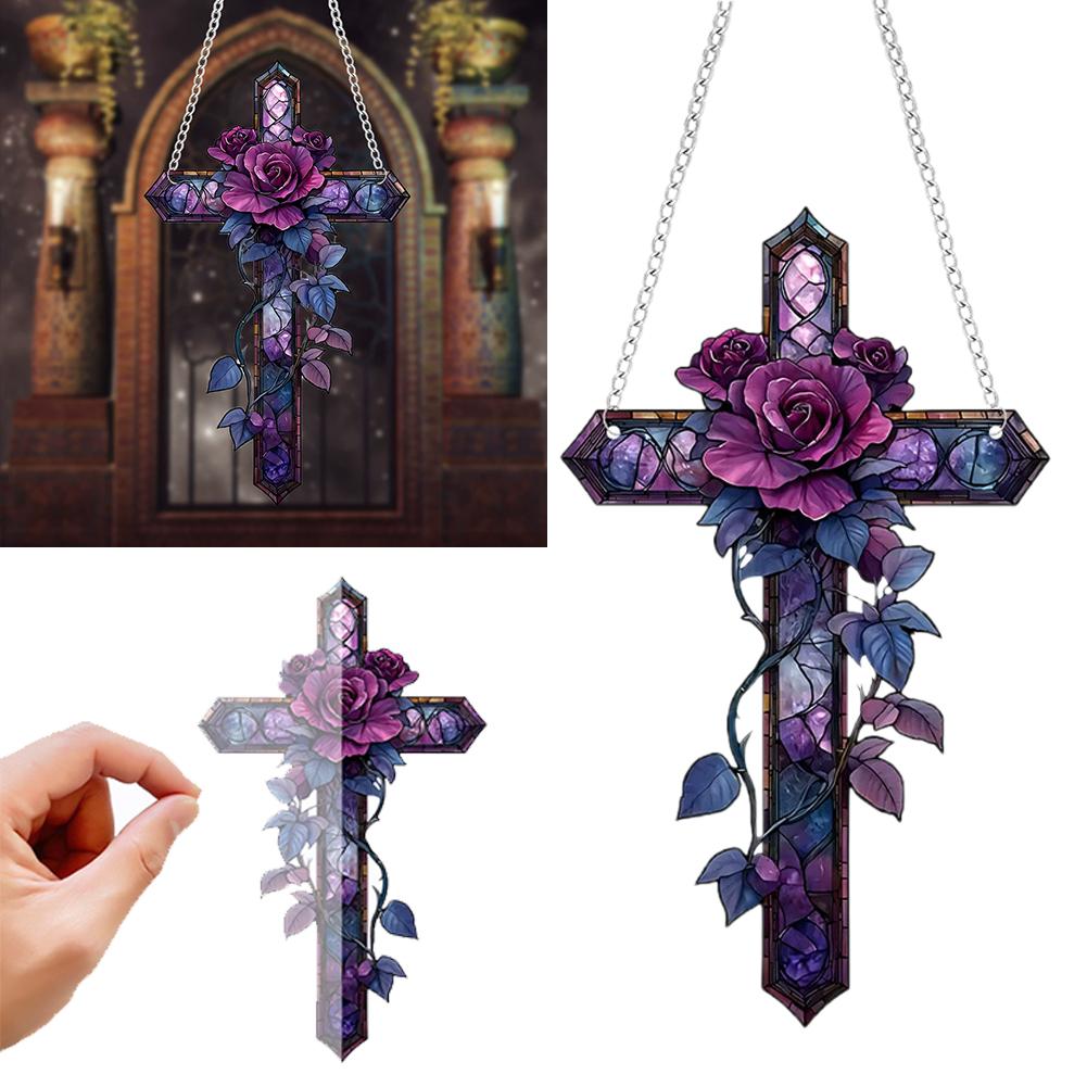 Purple Rose Cross Suncatcher - Hanging Decor, Flat Stained Acrylic