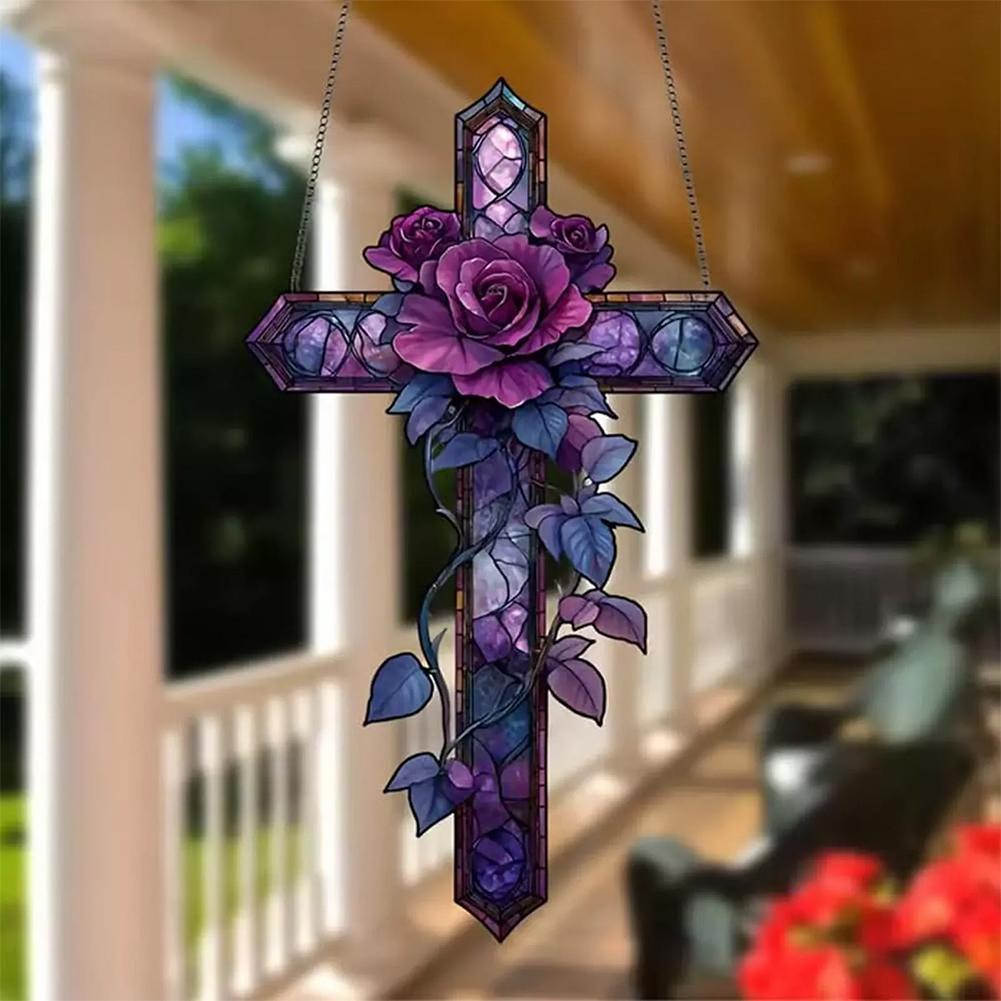Purple Rose Cross Suncatcher - Hanging Decor, Flat Stained Acrylic