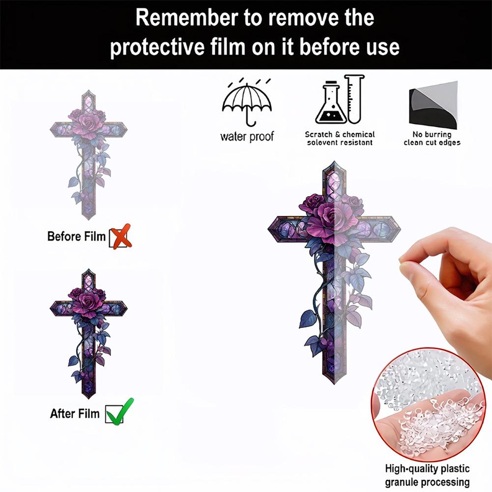 Purple Rose Cross Suncatcher - Hanging Decor, Flat Stained Acrylic