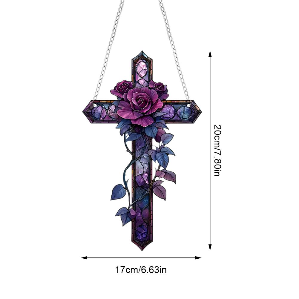 Purple Rose Cross Suncatcher - Hanging Decor, Flat Stained Acrylic