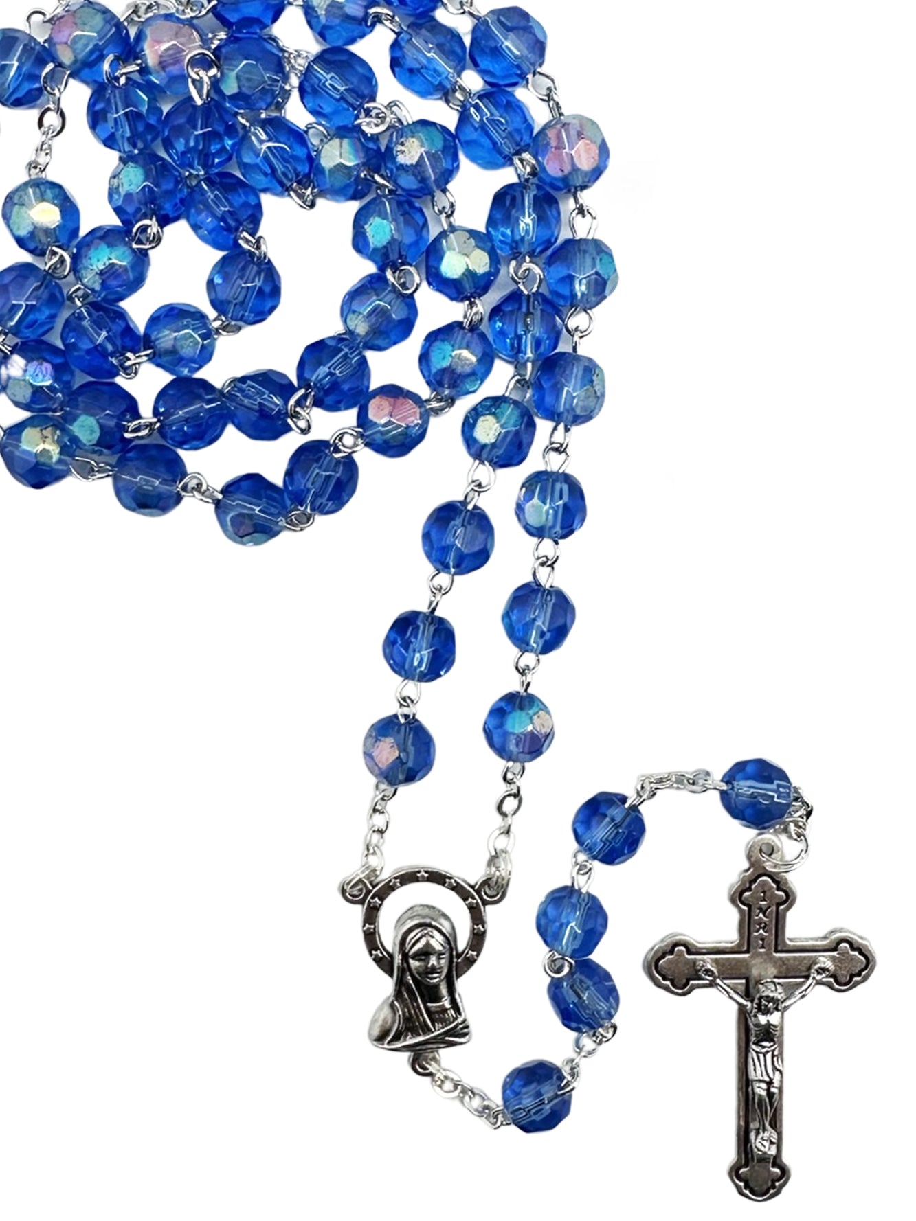Rosary - (Glass) - Aurora Borealis - Blue - (6mm round beads)