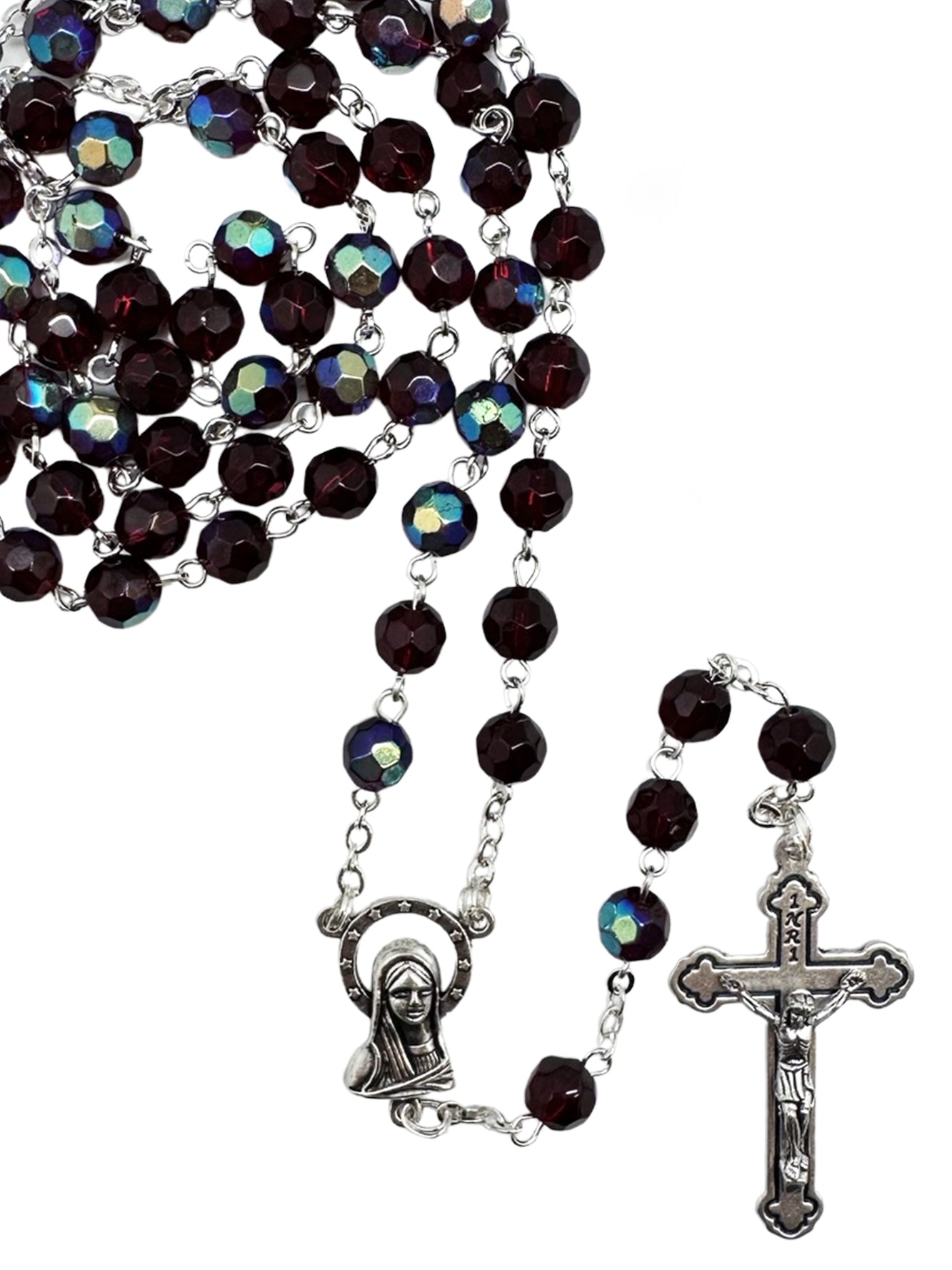 Rosary - (Glass) - Aurora Borealis - Red - (6mm round beads)