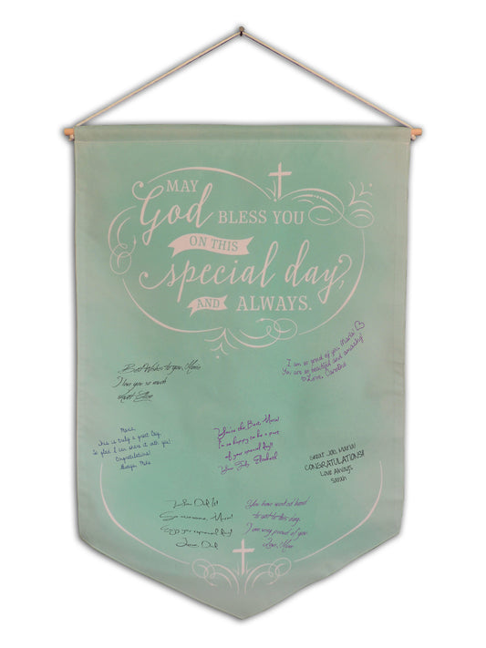 Hanging Banner / Pendant - Sign in - "May God Bless You On this Special Day and Always" (430mm wide)