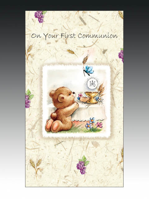 Communion Card - "On Your First Communion" Teddy Bear Design (110 x 190mm)
