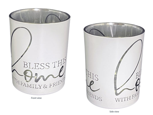 Candle holder (Glass) with tea light candle - "Bless This Home" (100x75mm)