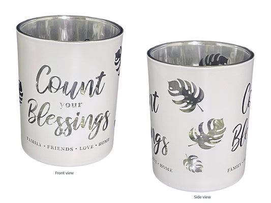 Candle holder (Glass) with tea light candle - "Count Your Blessings" (100x75mm)