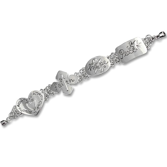 Linked Bracelet - (Metal) - Magnetic Clasp - "Love, Faith, Hope, Peace" (Symbols)