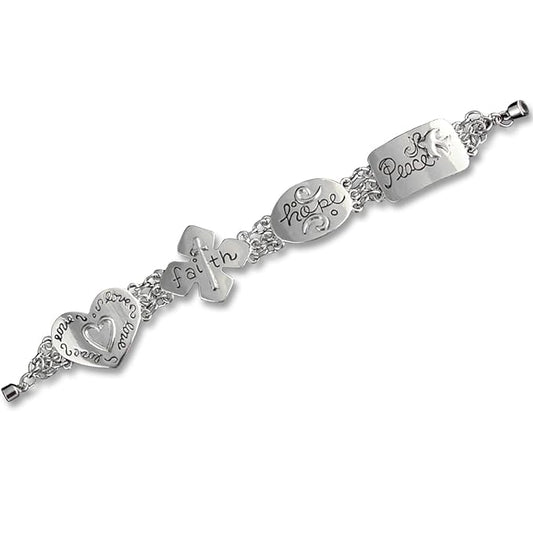 Linked Bracelet - (Metal) - Magnetic Clasp - "Love, Faith, Hope, Peace" (Symbols)
