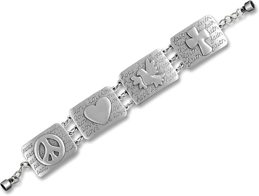 Linked Bracelet - (Metal) - Magnetic Clasp - "Love, Faith, Hope, Peace" (Rectangles)