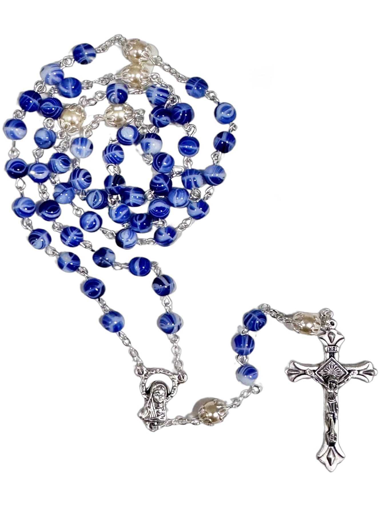 Rosary Beads – Glass Stone Look Swirl Blue
