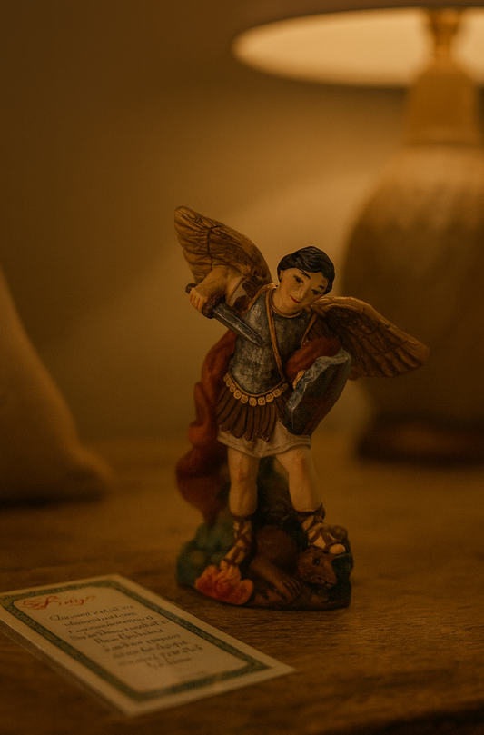 Statue - Boxed Statue with Prayer Cards - St Michael (resin - 87mm high)