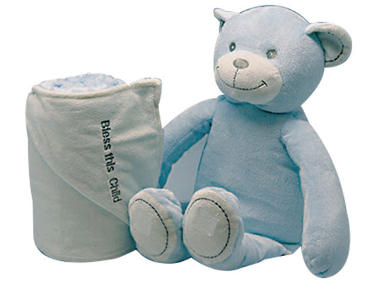 Bear and Blanket - "Bless This Child" - Blue (25cms high Bear)