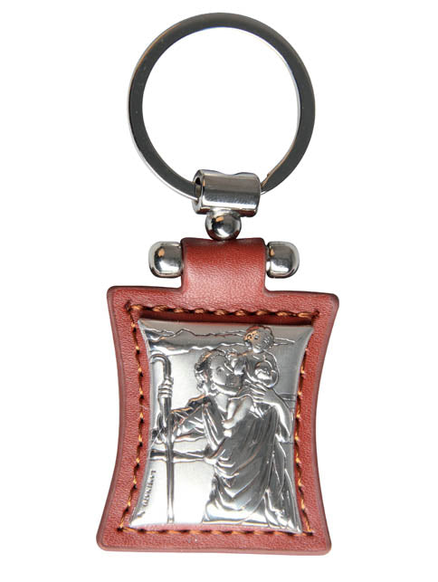 Keyring - St Christopher - Gift Boxed - Made in Italy  - (stainless steel & brown leather)