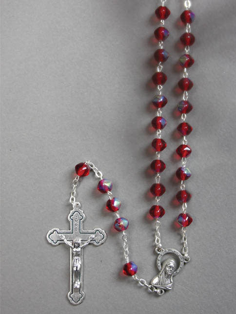Rosary - (Glass) - Aurora Borealis - Red - (6mm round beads)