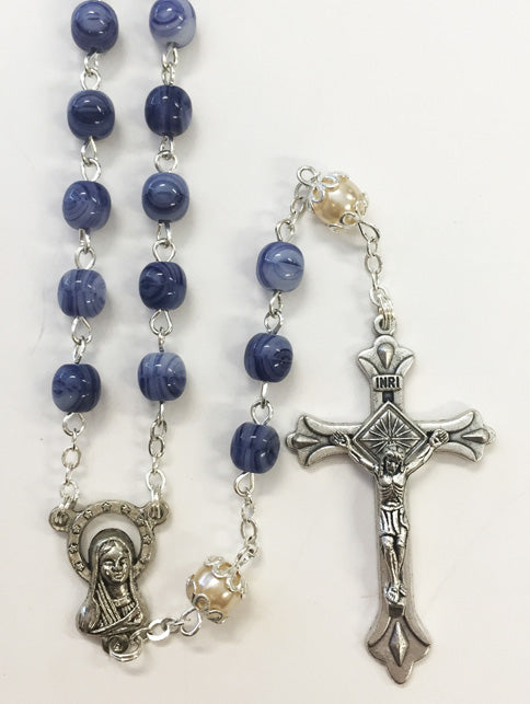 Rosary Beads – Glass Stone Look Swirl Blue
