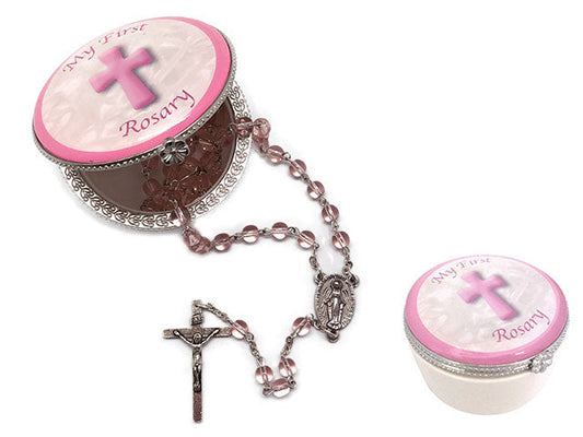 Rosary - First Rosary Pink In Porcelain Box (glass)