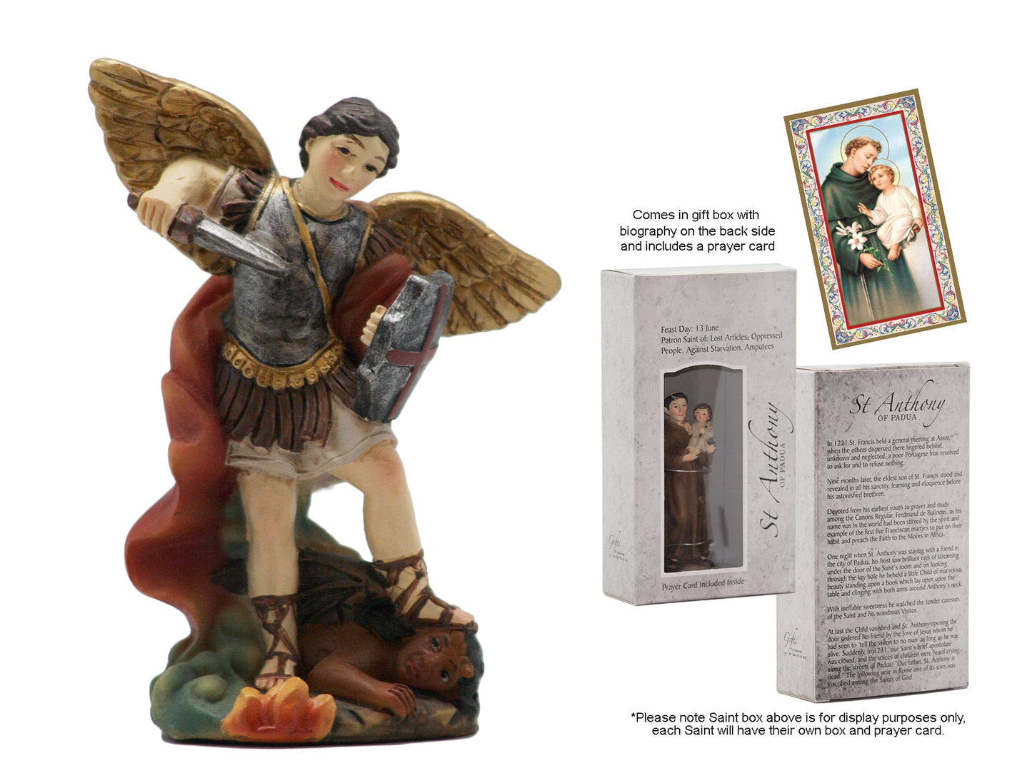 Statue - Boxed Statue with Prayer Cards - St Michael (resin - 87mm high)